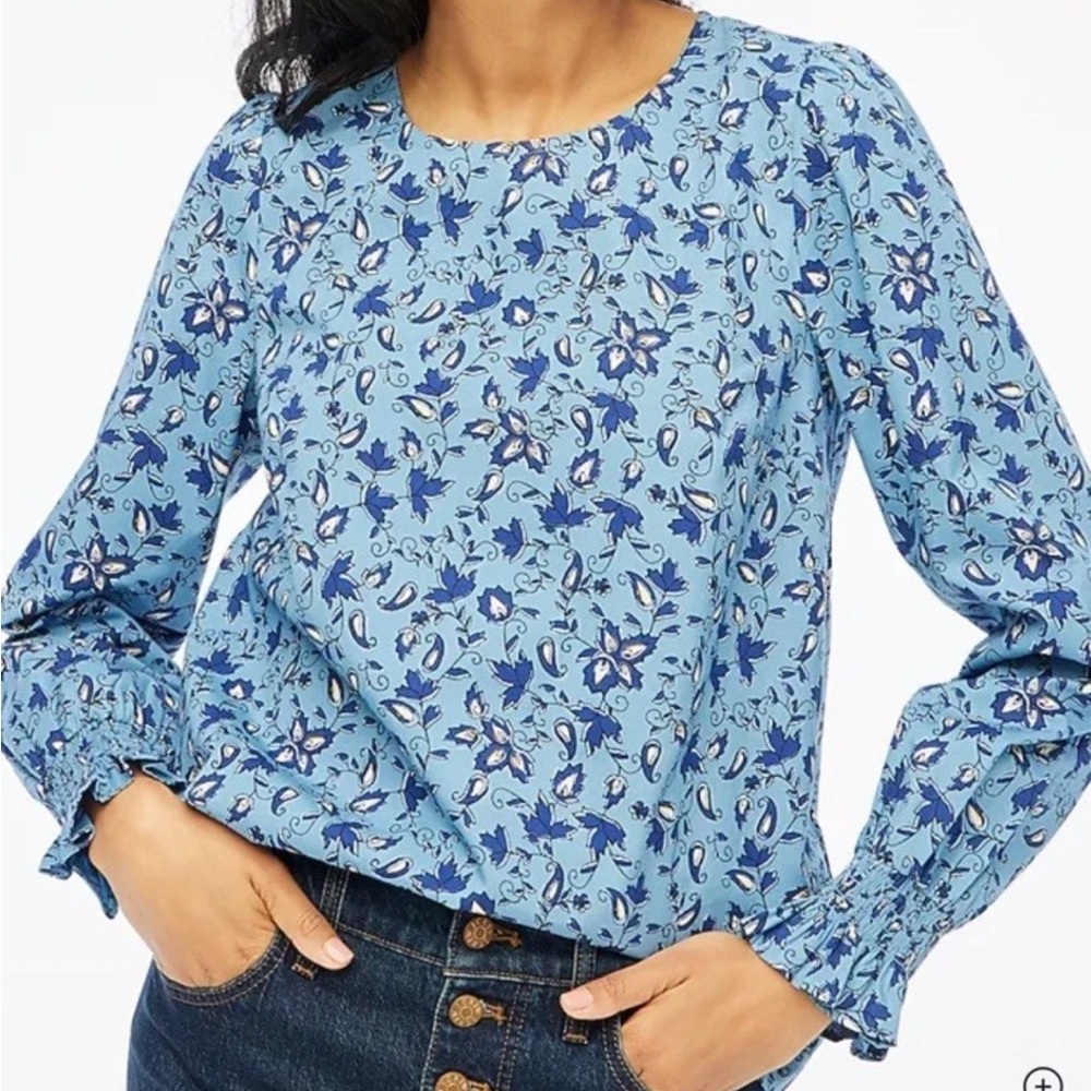 J Crew Factory Women’s Long Sleeve Printed Poplin Blouse Size Large Blue Floral